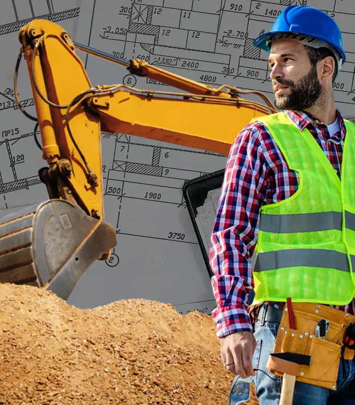 An image of a contractor holding a blueprint of a house with an excavator in the background.