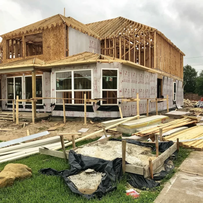 Wooden frame exterior of a house ready to be built.